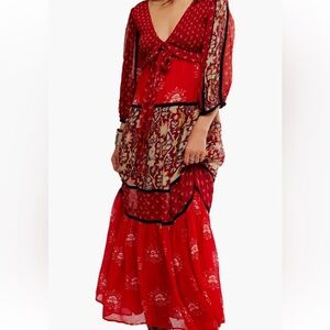 NWT-Free People - Bali Laurel Maxi- M-tiered Red Floral Maxi Dress
